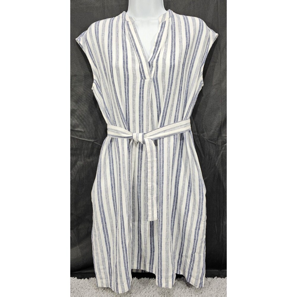 Jones NY Striped Linen Dress Women's 6 Belted Mini Shift Coastal Beach Resort